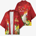 Personalised Australia Sulphur-crested Cockatoo Christmas Kimono Aussie Native Flowers Merry Xmas - Aussie Hoodie