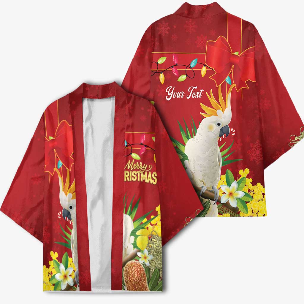 Personalised Australia Sulphur-crested Cockatoo Christmas Kimono Aussie Native Flowers Merry Xmas - Aussie Hoodie