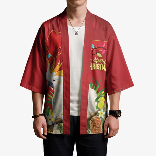 Personalised Australia Sulphur-crested Cockatoo Christmas Kimono Aussie Native Flowers Merry Xmas - Aussie Hoodie