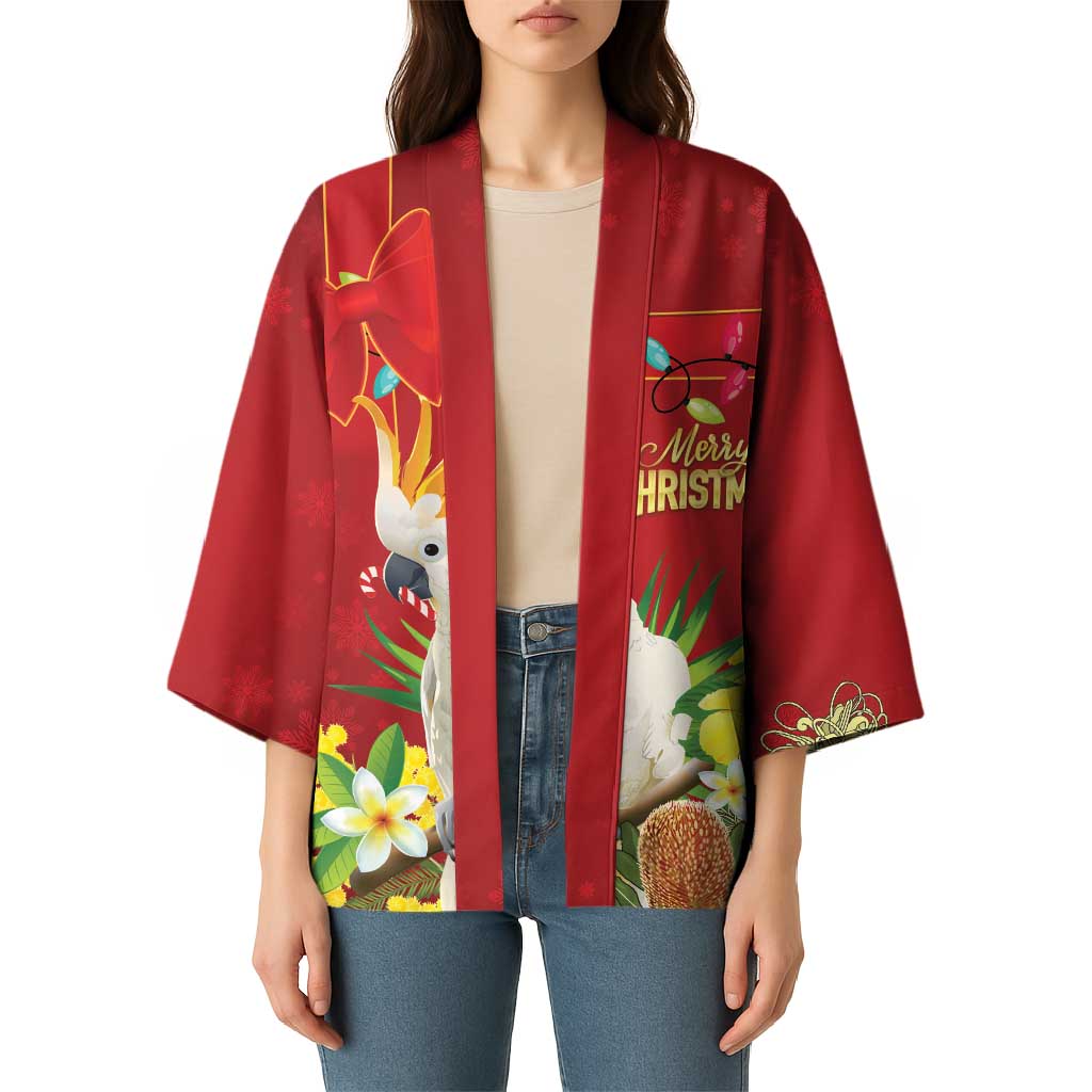 Personalised Australia Sulphur-crested Cockatoo Christmas Kimono Aussie Native Flowers Merry Xmas - Aussie Hoodie