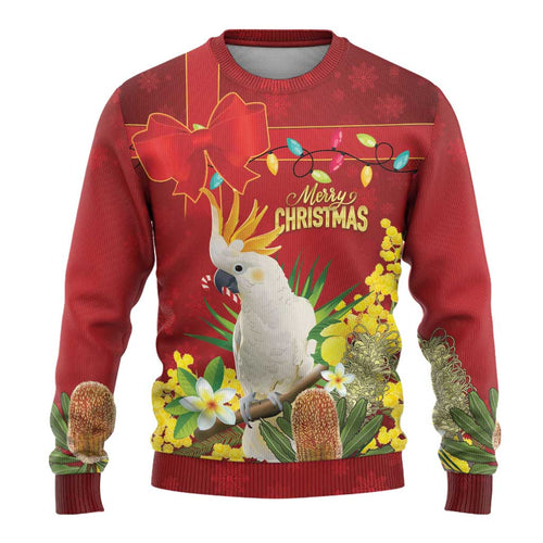 Personalised Australia Sulphur-crested Cockatoo Christmas Ugly Christmas Sweater Aussie Native Flowers Merry Xmas - Aussie Hoodie