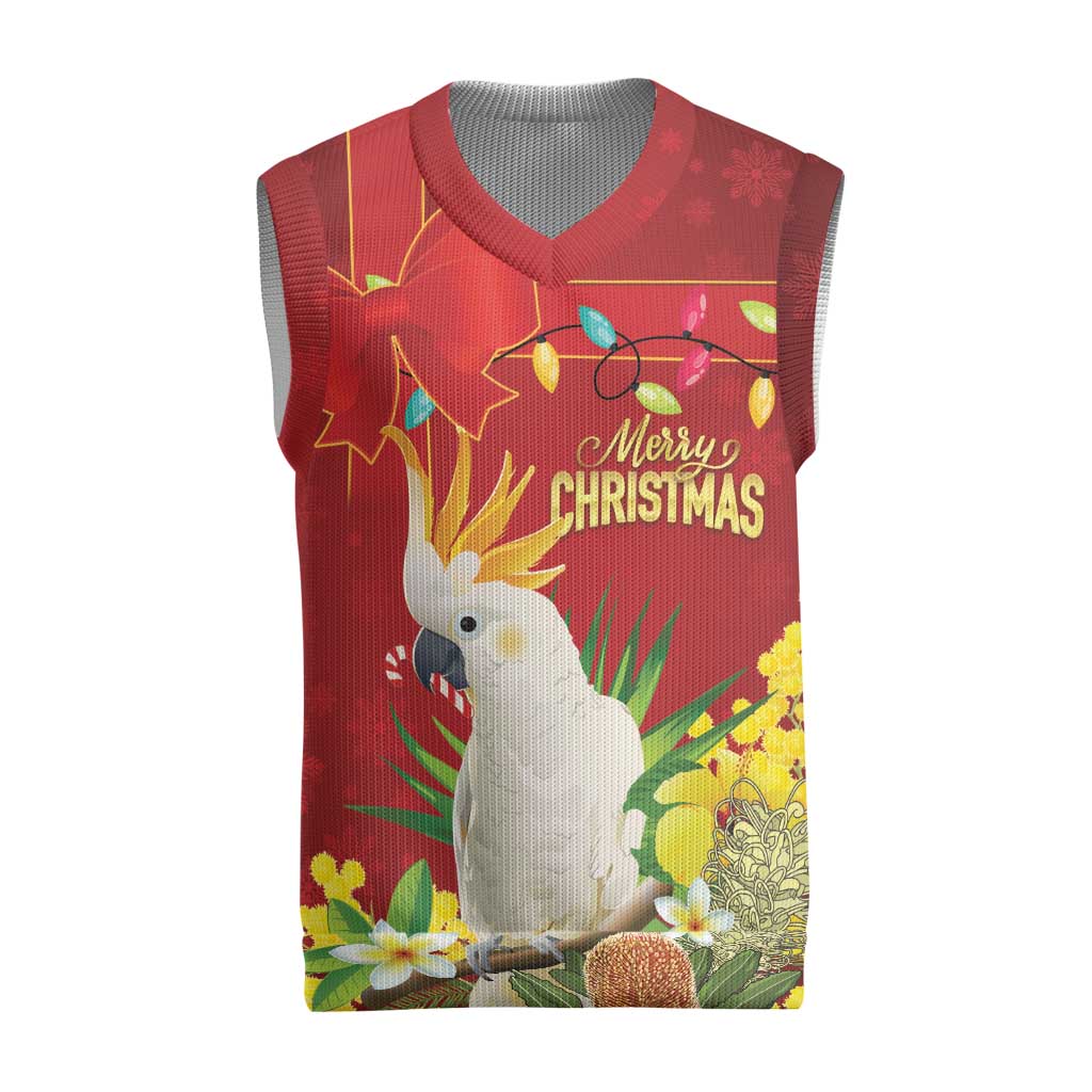 Personalised Australia Sulphur-crested Cockatoo Christmas Knitted V-Neck Vest Aussie Native Flowers Merry Xmas - Aussie Hoodie