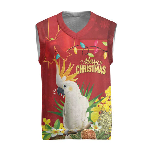 Personalised Australia Sulphur-crested Cockatoo Christmas Knitted V-Neck Vest Aussie Native Flowers Merry Xmas - Aussie Hoodie