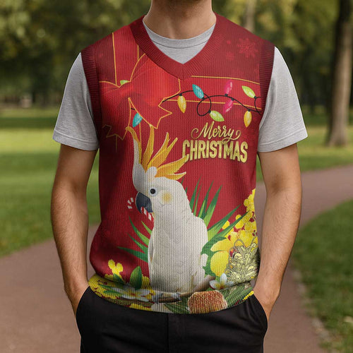 Personalised Australia Sulphur-crested Cockatoo Christmas Knitted V-Neck Vest Aussie Native Flowers Merry Xmas - Aussie Hoodie
