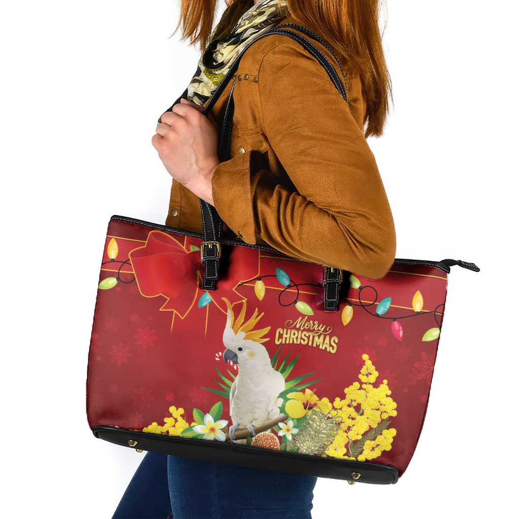 Australia Sulphur-crested Cockatoo Christmas Leather Tote Bag Aussie Native Flowers Merry Xmas - Aussie Hoodie
