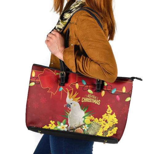Australia Sulphur-crested Cockatoo Christmas Leather Tote Bag Aussie Native Flowers Merry Xmas - Aussie Hoodie