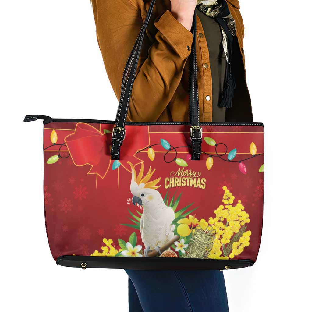 Australia Sulphur-crested Cockatoo Christmas Leather Tote Bag Aussie Native Flowers Merry Xmas - Aussie Hoodie