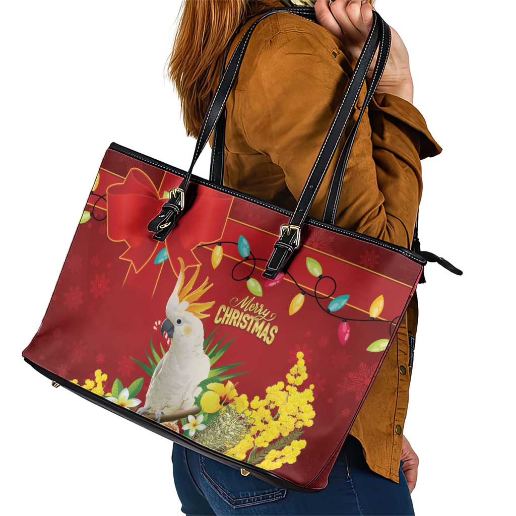 Australia Sulphur-crested Cockatoo Christmas Leather Tote Bag Aussie Native Flowers Merry Xmas - Aussie Hoodie