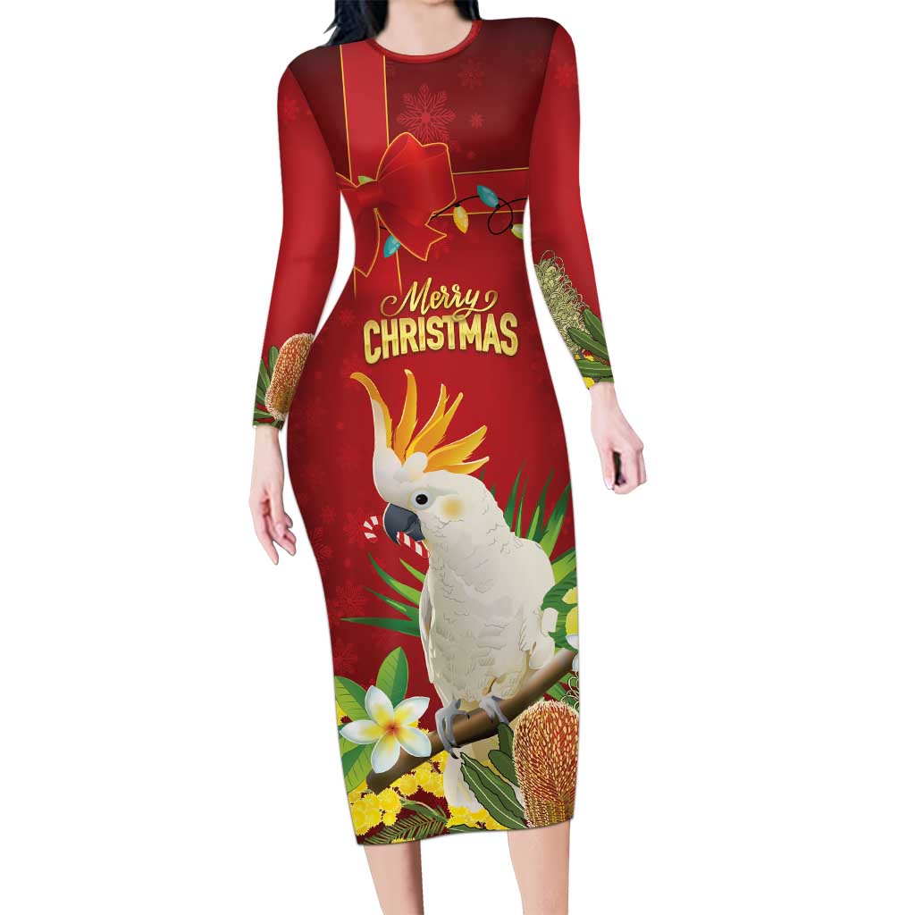 Personalised Australia Sulphur-crested Cockatoo Christmas Long Sleeve Bodycon Dress Aussie Native Flowers Merry Xmas - Aussie Hoodie
