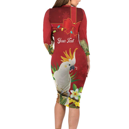 Personalised Australia Sulphur-crested Cockatoo Christmas Long Sleeve Bodycon Dress Aussie Native Flowers Merry Xmas - Aussie Hoodie