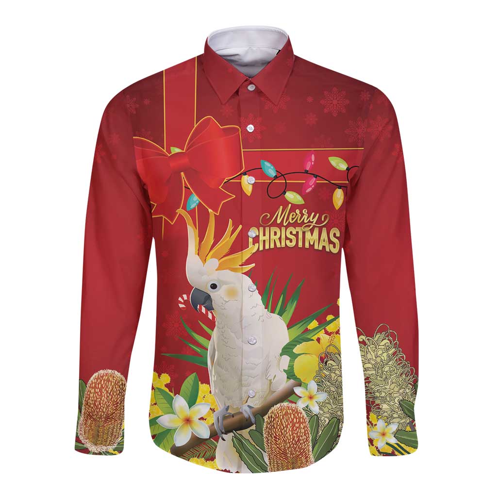 Personalised Australia Sulphur-crested Cockatoo Christmas Long Sleeve Button Shirt Aussie Native Flowers Merry Xmas - Aussie Hoodie