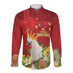 Personalised Australia Sulphur-crested Cockatoo Christmas Long Sleeve Button Shirt Aussie Native Flowers Merry Xmas - Aussie Hoodie