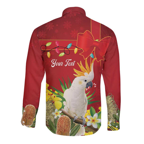 Personalised Australia Sulphur-crested Cockatoo Christmas Long Sleeve Button Shirt Aussie Native Flowers Merry Xmas - Aussie Hoodie