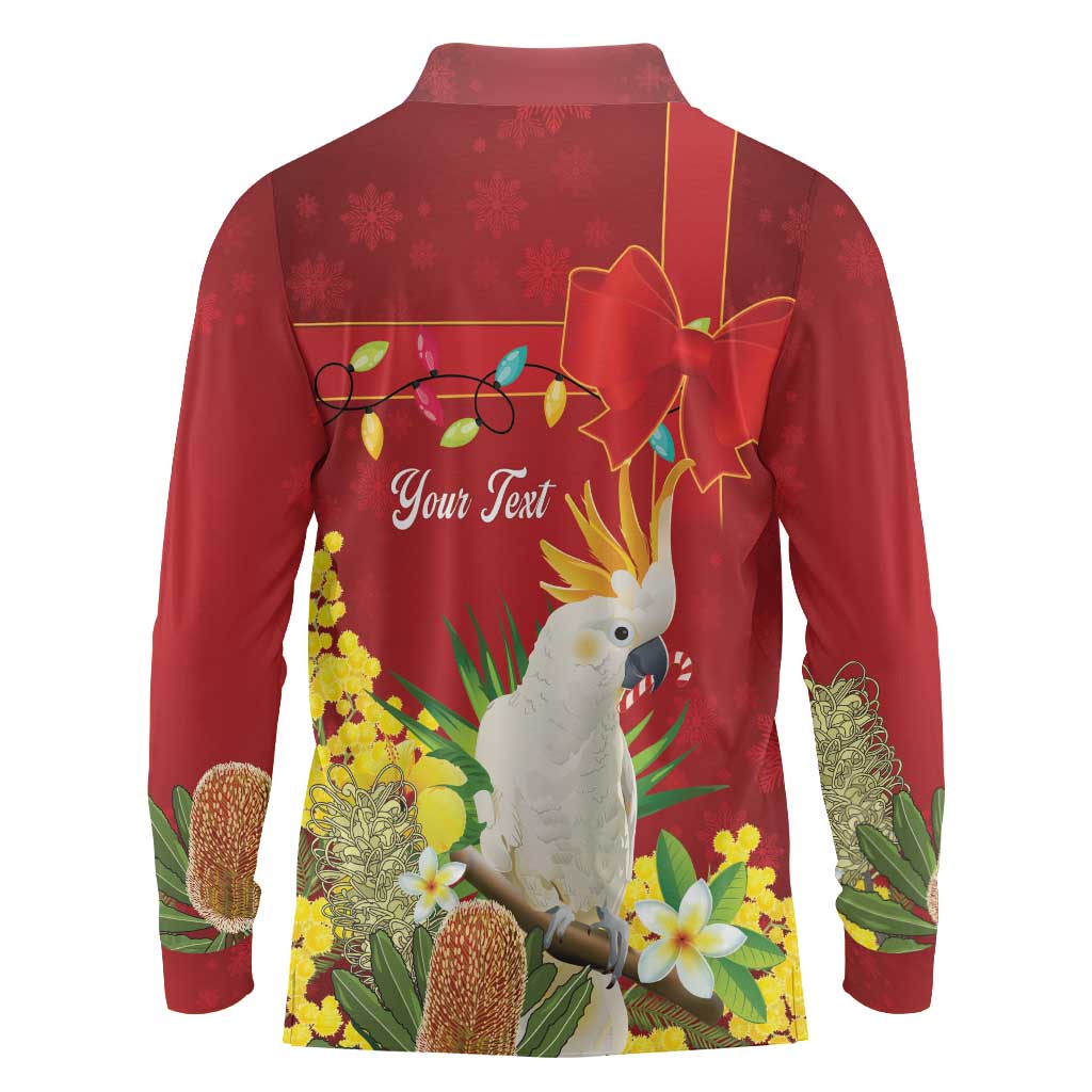Personalised Australia Sulphur-crested Cockatoo Christmas Long Sleeve Polo Shirt Aussie Native Flowers Merry Xmas - Aussie Hoodie