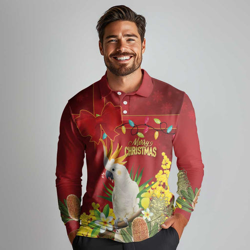 Personalised Australia Sulphur-crested Cockatoo Christmas Long Sleeve Polo Shirt Aussie Native Flowers Merry Xmas - Aussie Hoodie