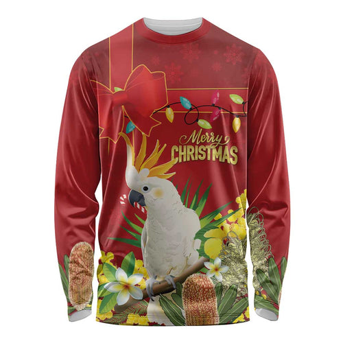 Personalised Australia Sulphur-crested Cockatoo Christmas Long Sleeve Shirt Aussie Native Flowers Merry Xmas - Aussie Hoodie