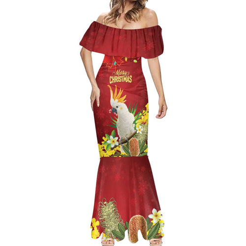 Personalised Australia Sulphur-crested Cockatoo Christmas Mermaid Dress Aussie Native Flowers Merry Xmas - Aussie Hoodie