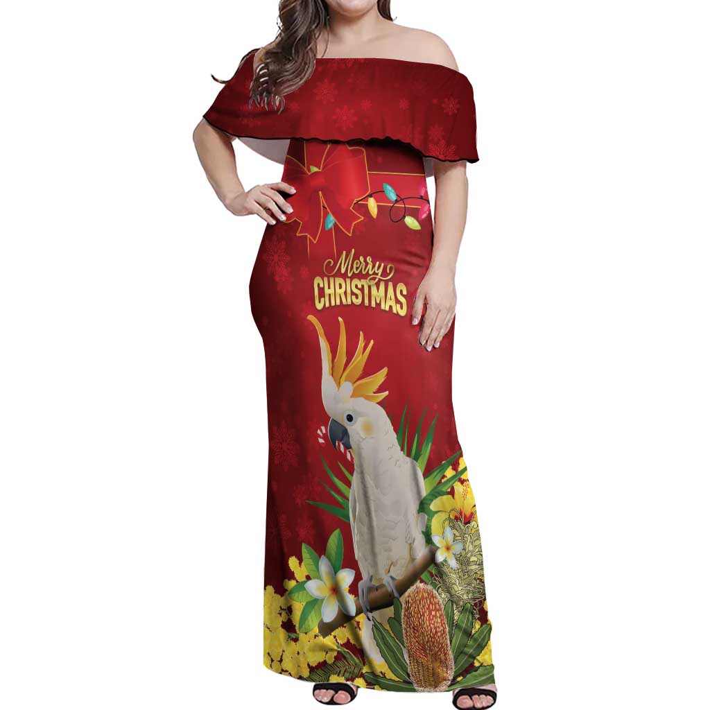 Personalised Australia Sulphur-crested Cockatoo Christmas Off Shoulder Maxi Dress Aussie Native Flowers Merry Xmas - Aussie Hoodie