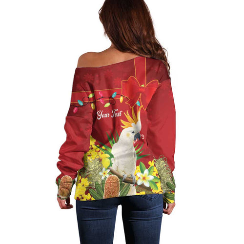 Personalised Australia Sulphur-crested Cockatoo Christmas Off Shoulder Sweater Aussie Native Flowers Merry Xmas - Aussie Hoodie