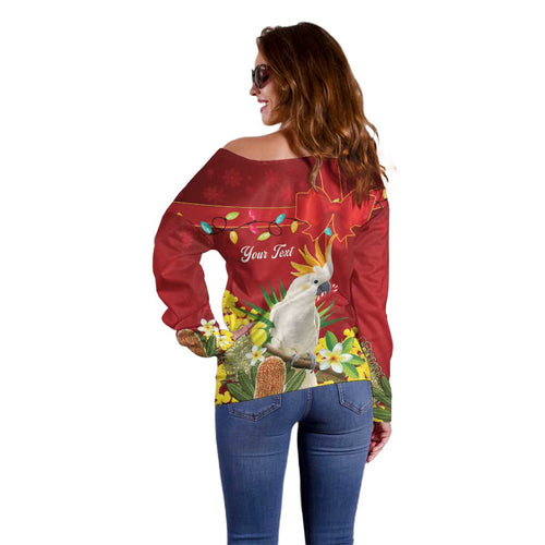 Personalised Australia Sulphur-crested Cockatoo Christmas Off Shoulder Sweater Aussie Native Flowers Merry Xmas - Aussie Hoodie