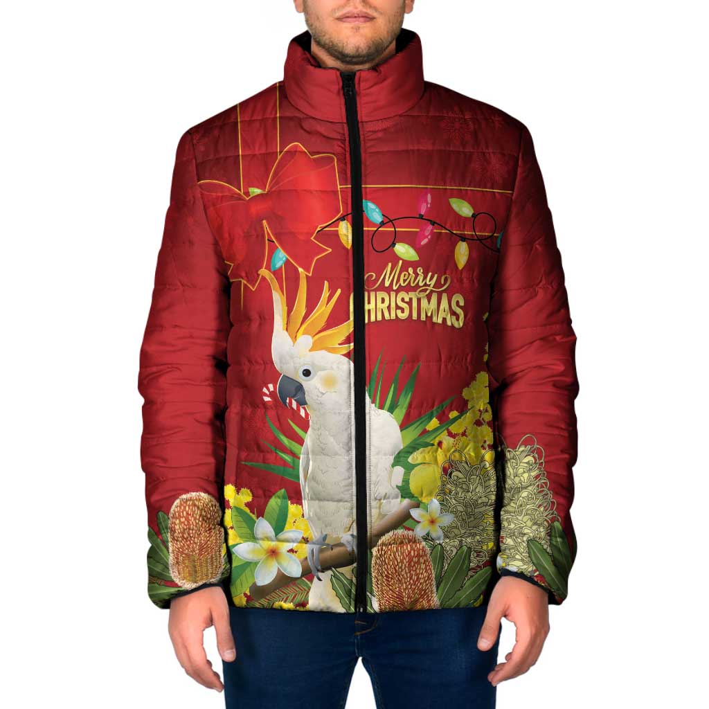 Personalised Australia Sulphur-crested Cockatoo Christmas Padded Jacket Aussie Native Flowers Merry Xmas - Aussie Hoodie