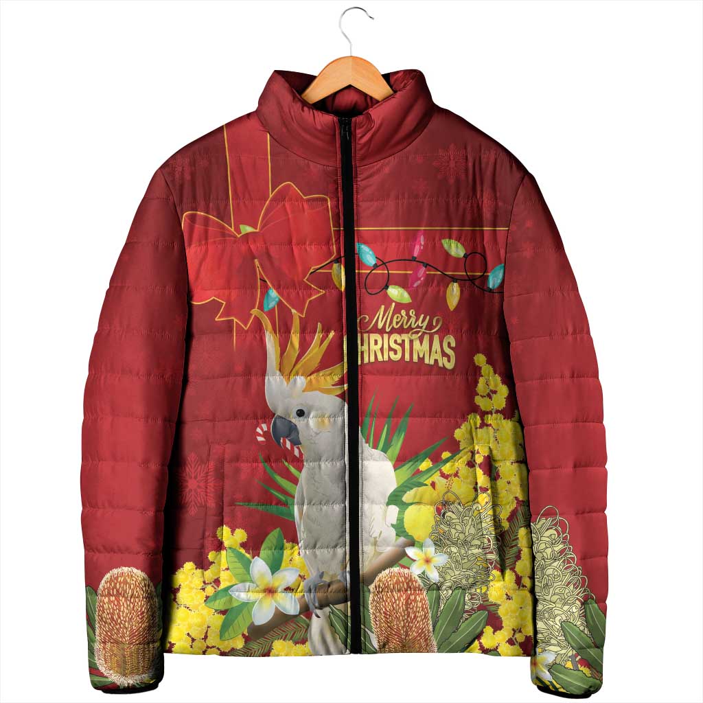 Personalised Australia Sulphur-crested Cockatoo Christmas Padded Jacket Aussie Native Flowers Merry Xmas - Aussie Hoodie