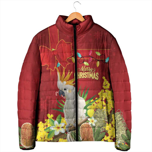 Personalised Australia Sulphur-crested Cockatoo Christmas Padded Jacket Aussie Native Flowers Merry Xmas - Aussie Hoodie