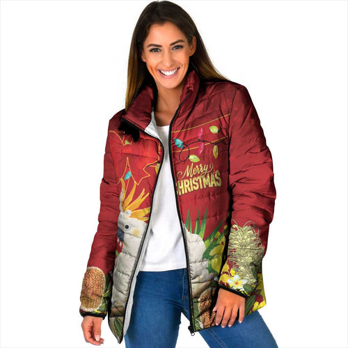 Personalised Australia Sulphur-crested Cockatoo Christmas Padded Jacket Aussie Native Flowers Merry Xmas - Aussie Hoodie