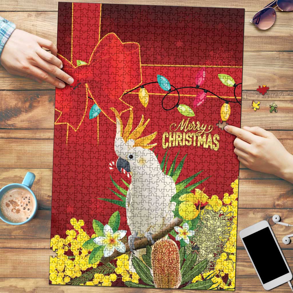 Australia Sulphur-crested Cockatoo Christmas Puzzle Aussie Native Flowers Merry Xmas - Aussie Hoodie
