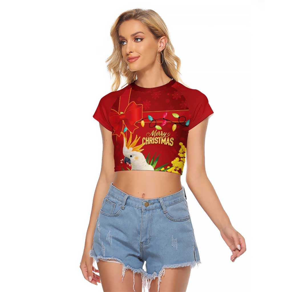 Personalised Australia Sulphur-crested Cockatoo Christmas Raglan Cropped T Shirt Aussie Native Flowers Merry Xmas - Aussie Hoodie