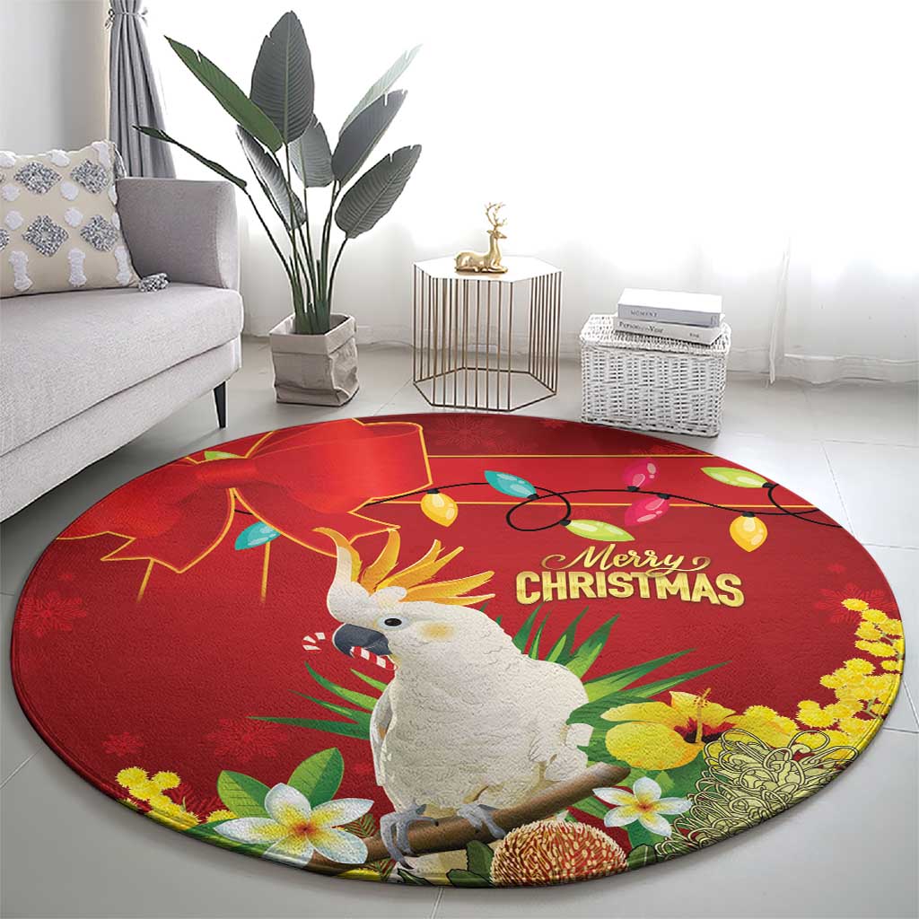 Australia Sulphur-crested Cockatoo Christmas Round Carpet Aussie Native Flowers Merry Xmas - Aussie Hoodie