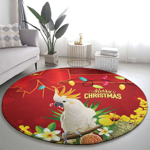Australia Sulphur-crested Cockatoo Christmas Round Carpet Aussie Native Flowers Merry Xmas - Aussie Hoodie