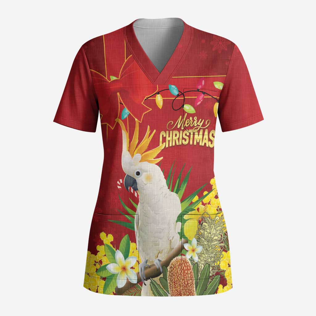 Personalised Australia Sulphur-crested Cockatoo Christmas Scrub Top Aussie Native Flowers Merry Xmas - Aussie Hoodie