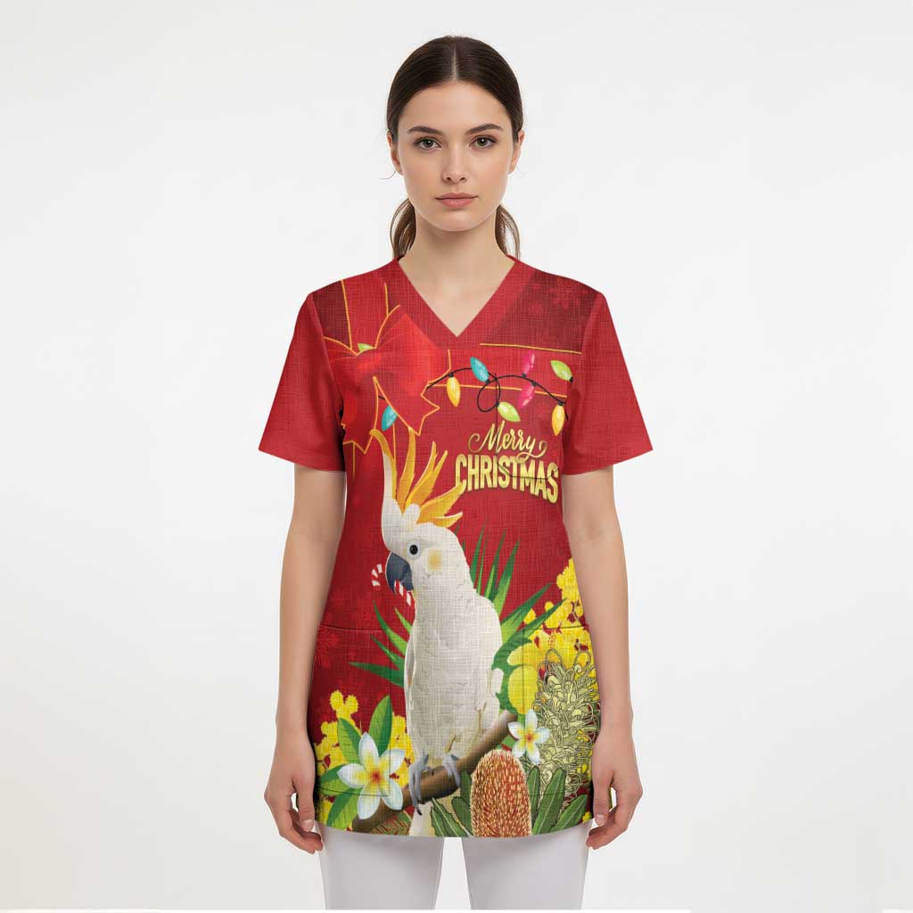 Personalised Australia Sulphur-crested Cockatoo Christmas Scrub Top Aussie Native Flowers Merry Xmas - Aussie Hoodie