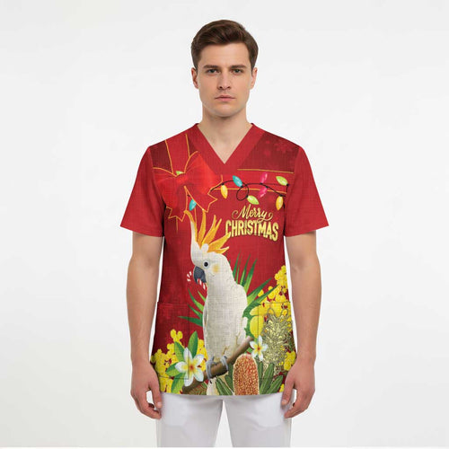 Personalised Australia Sulphur-crested Cockatoo Christmas Scrub Top Aussie Native Flowers Merry Xmas - Aussie Hoodie