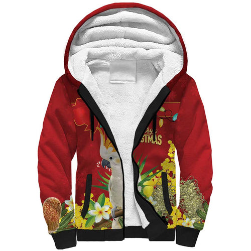 Personalised Australia Sulphur-crested Cockatoo Christmas Sherpa Hoodie Aussie Native Flowers Merry Xmas - Aussie Hoodie