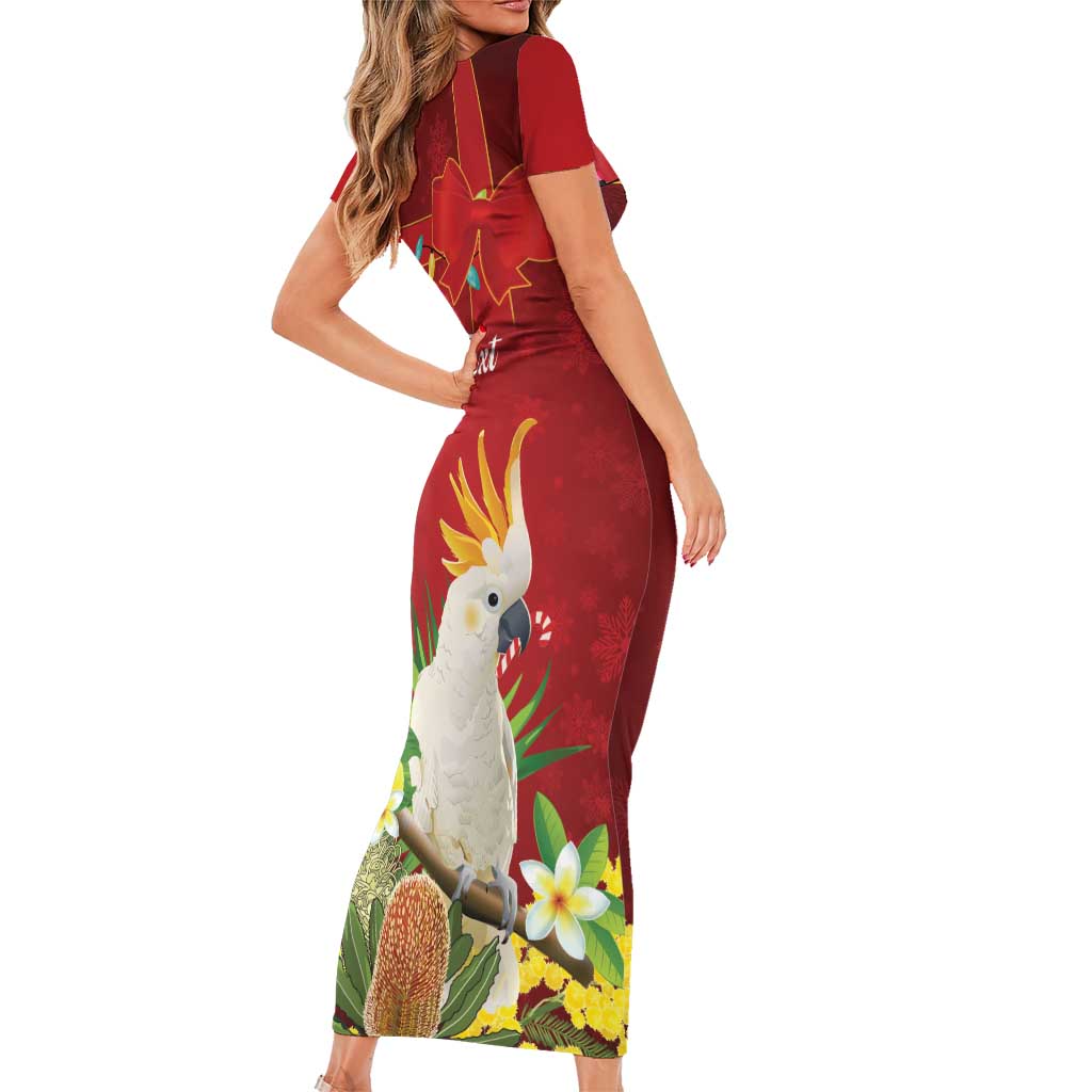 Personalised Australia Sulphur-crested Cockatoo Christmas Short Sleeve Bodycon Dress Aussie Native Flowers Merry Xmas - Aussie Hoodie