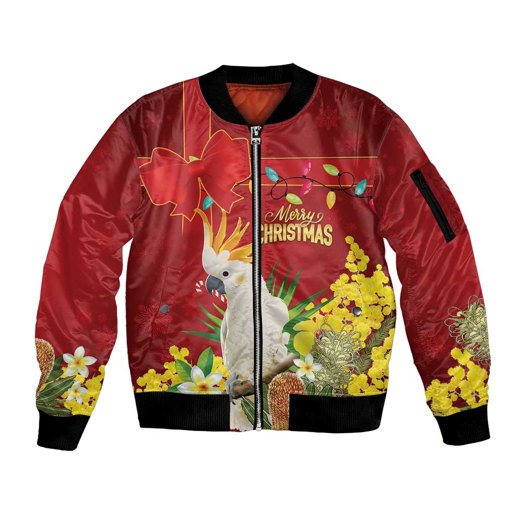 Personalised Australia Sulphur-crested Cockatoo Christmas Sleeve Zip Bomber Jacket Aussie Native Flowers Merry Xmas - Aussie Hoodie