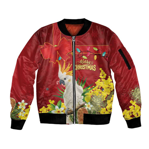 Personalised Australia Sulphur-crested Cockatoo Christmas Sleeve Zip Bomber Jacket Aussie Native Flowers Merry Xmas - Aussie Hoodie