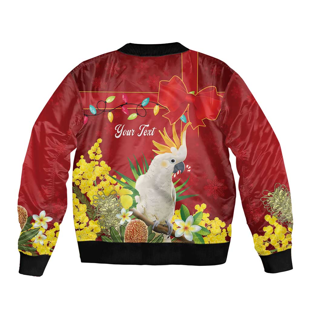 Personalised Australia Sulphur-crested Cockatoo Christmas Sleeve Zip Bomber Jacket Aussie Native Flowers Merry Xmas - Aussie Hoodie