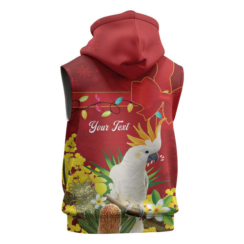 Personalised Australia Sulphur-crested Cockatoo Christmas Sleeveless Hoodie Aussie Native Flowers Merry Xmas - Aussie Hoodie