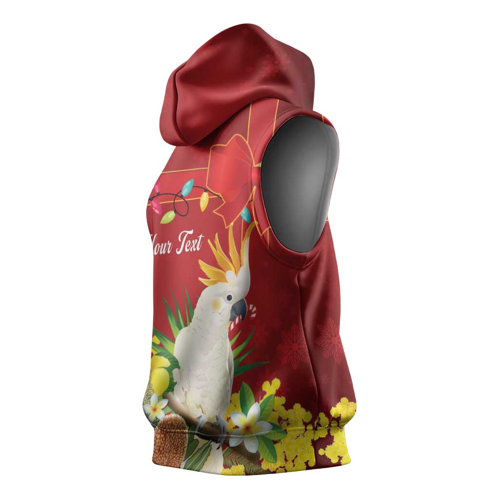 Personalised Australia Sulphur-crested Cockatoo Christmas Sleeveless Hoodie Aussie Native Flowers Merry Xmas - Aussie Hoodie