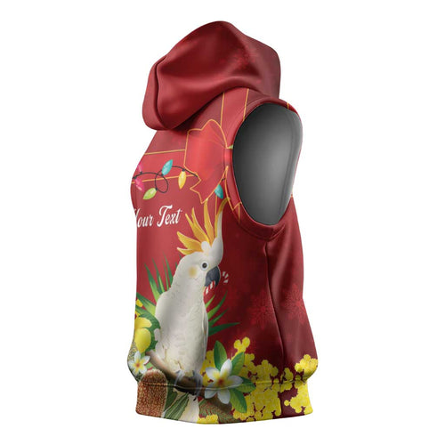 Personalised Australia Sulphur-crested Cockatoo Christmas Sleeveless Hoodie Aussie Native Flowers Merry Xmas - Aussie Hoodie