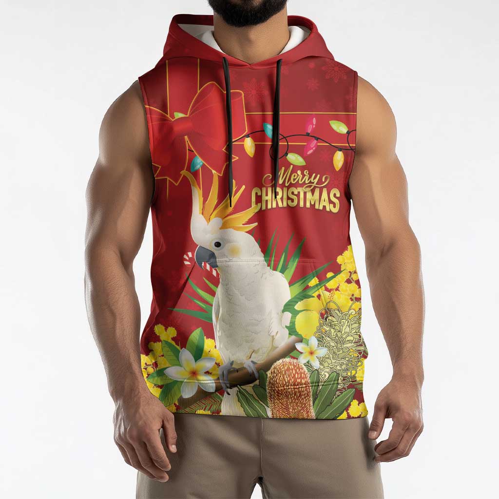 Personalised Australia Sulphur-crested Cockatoo Christmas Sleeveless Hoodie Aussie Native Flowers Merry Xmas - Aussie Hoodie