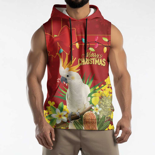 Personalised Australia Sulphur-crested Cockatoo Christmas Sleeveless Hoodie Aussie Native Flowers Merry Xmas - Aussie Hoodie