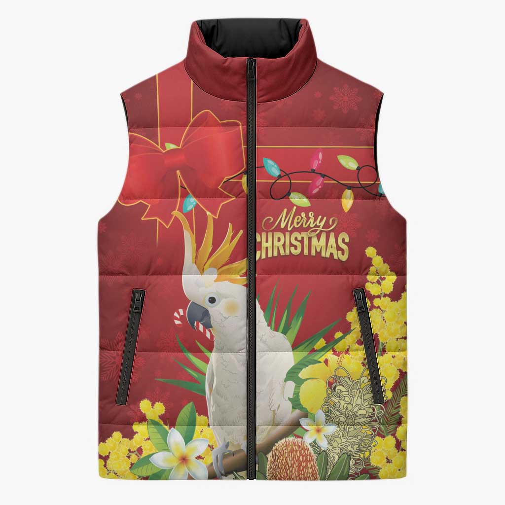 Personalised Australia Sulphur-crested Cockatoo Christmas Sleeveless Puffer Jacket Aussie Native Flowers Merry Xmas - Aussie Hoodie