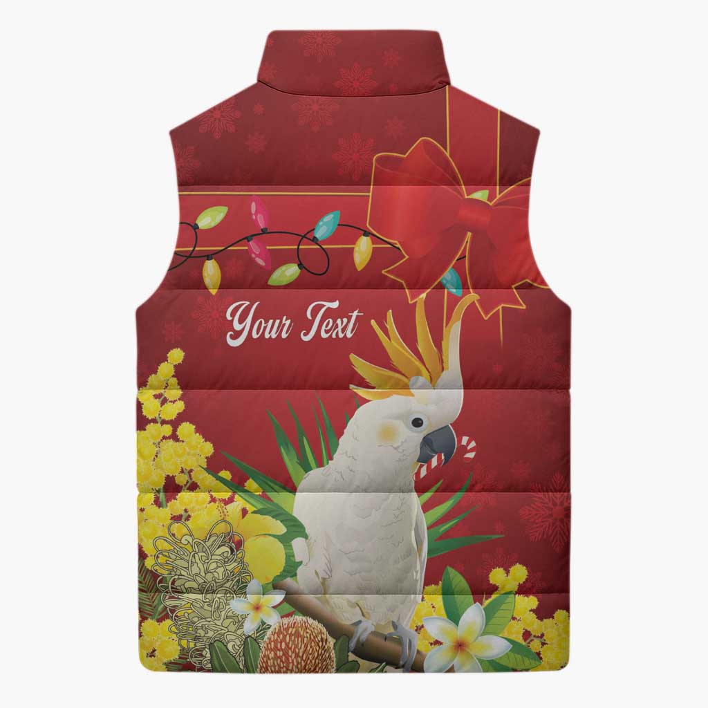 Personalised Australia Sulphur-crested Cockatoo Christmas Sleeveless Puffer Jacket Aussie Native Flowers Merry Xmas - Aussie Hoodie