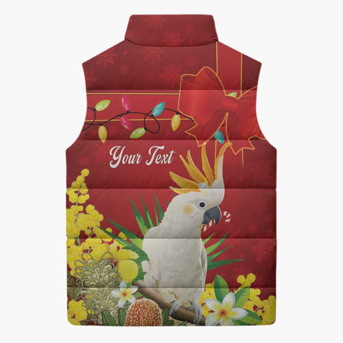 Personalised Australia Sulphur-crested Cockatoo Christmas Sleeveless Puffer Jacket Aussie Native Flowers Merry Xmas - Aussie Hoodie