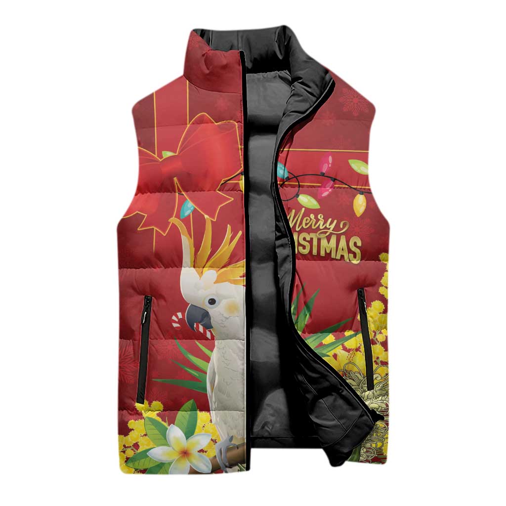 Personalised Australia Sulphur-crested Cockatoo Christmas Sleeveless Puffer Jacket Aussie Native Flowers Merry Xmas - Aussie Hoodie