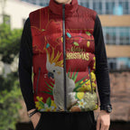Personalised Australia Sulphur-crested Cockatoo Christmas Sleeveless Puffer Jacket Aussie Native Flowers Merry Xmas - Aussie Hoodie